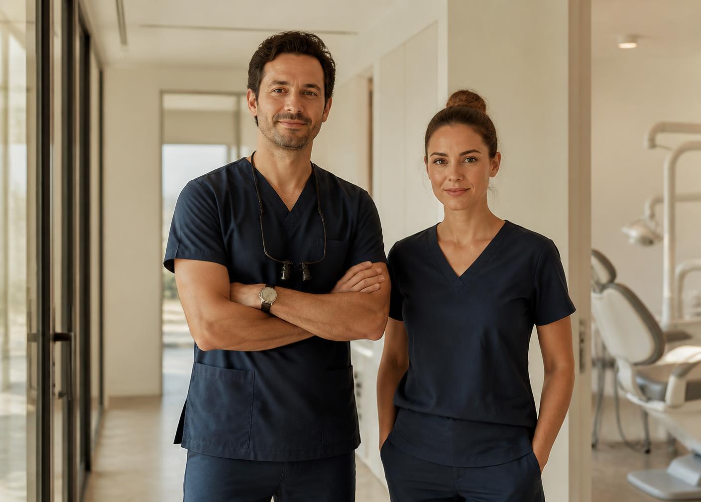 Equipe de saúde em corredor de clínica moderna